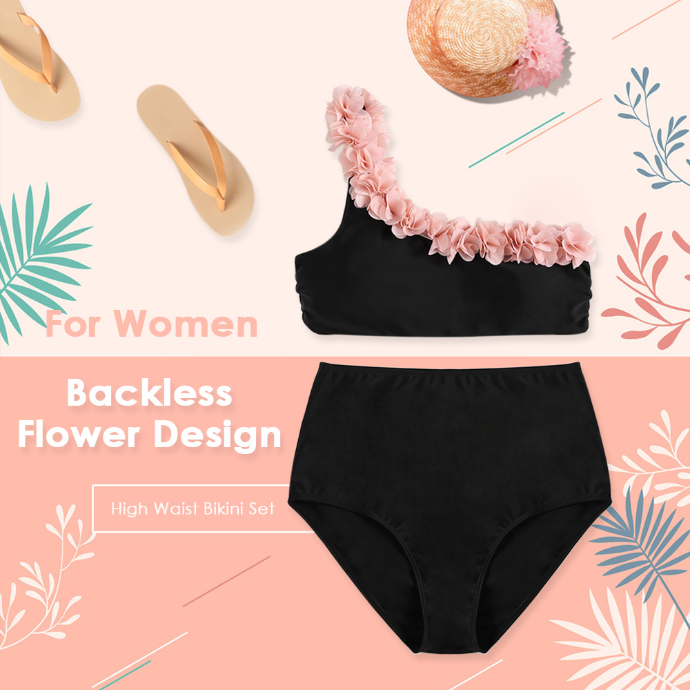 One Shoulder Tied Strap Backless Padded Flower Design High Waist Women Bikini Set