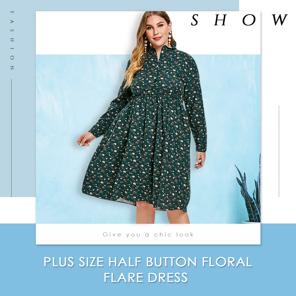 Plus Size Half Button Floral Flare Dress