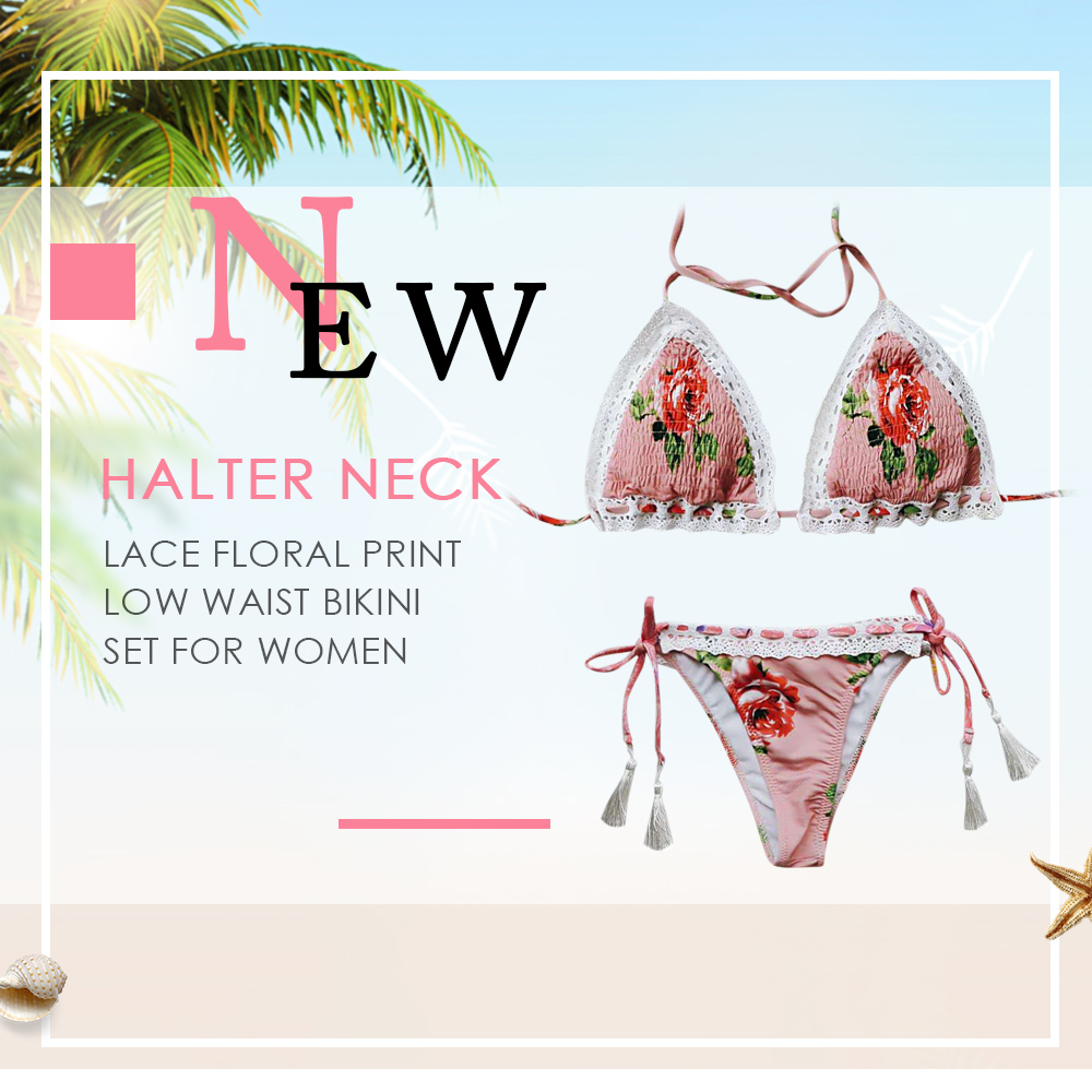 Halter Neck Backless Spliced Lace Floral Print Tied Fringed Strap Low Waist Women Bikini Set