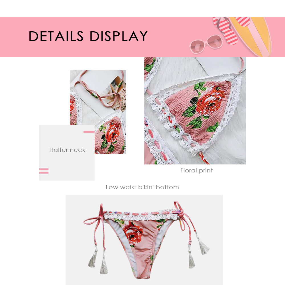 Halter Neck Backless Spliced Lace Floral Print Tied Fringed Strap Low Waist Women Bikini Set