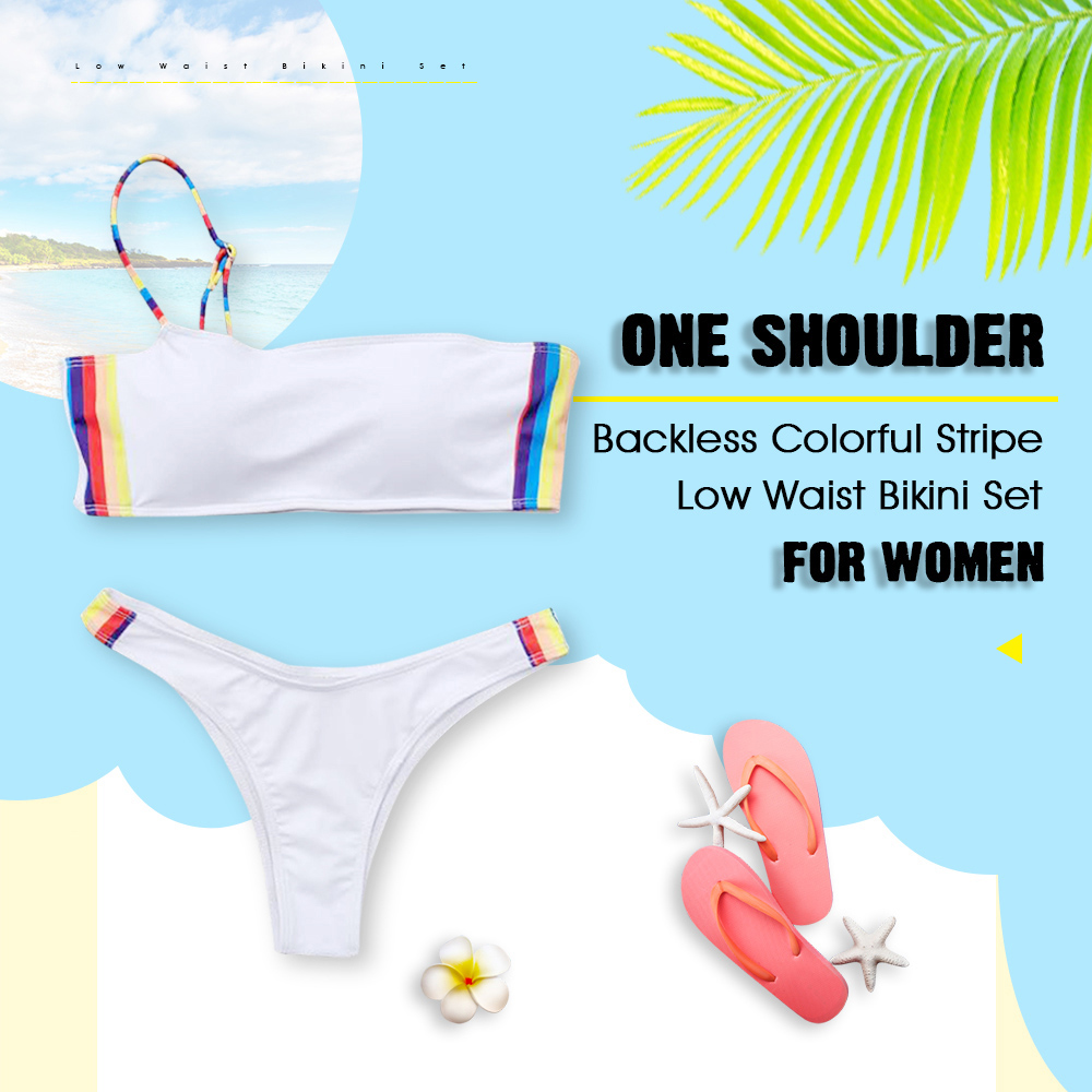 One Shoulder Padded Backless Colorful Stripe Low Waist Women Bikini Set
