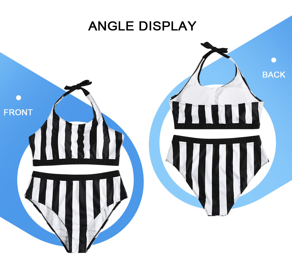 Halter Neck Backless Padded Vertical Stripe Mid Waist Plus Size Women Bikini Set
