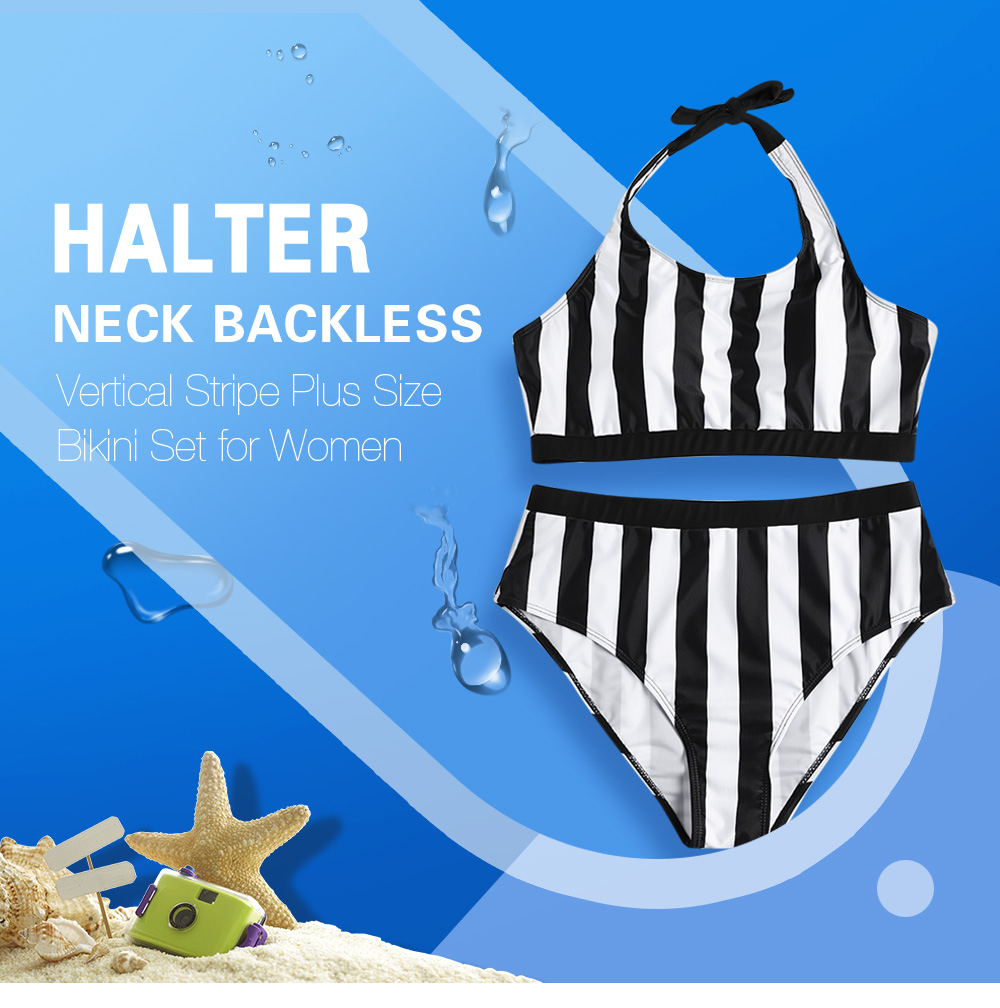 Halter Neck Backless Padded Vertical Stripe Mid Waist Plus Size Women Bikini Set