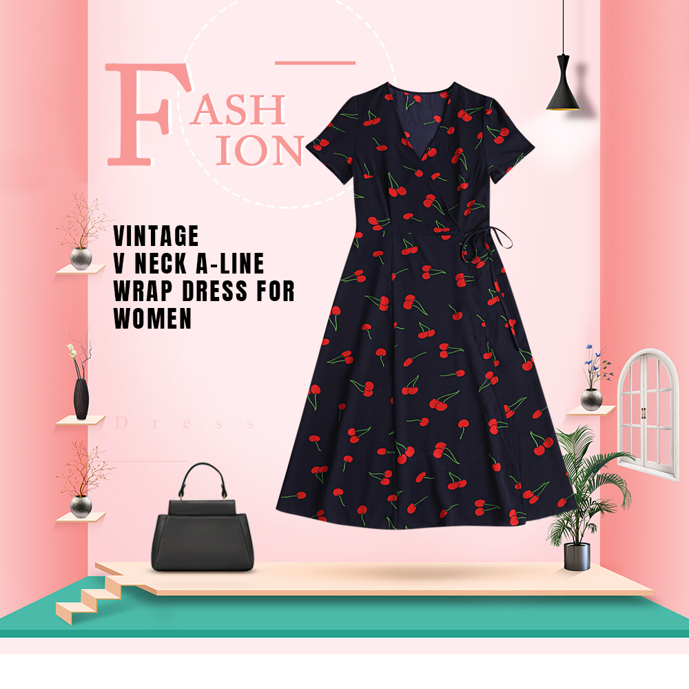 V Neck Short Sleeve Vintage Pattern A-line Women Midi Wrap Dress