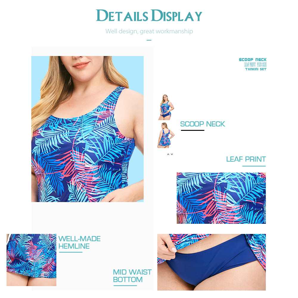 Scoop Neck Leaf Print Plus Size Tankini Set