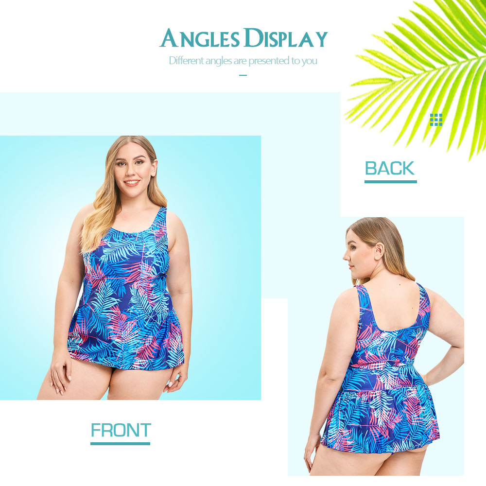 Scoop Neck Leaf Print Plus Size Tankini Set