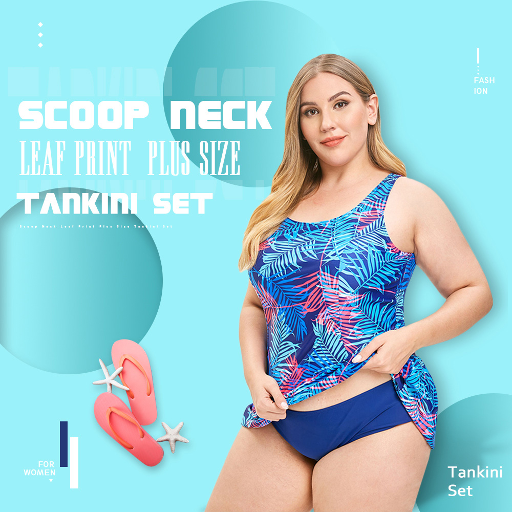 Scoop Neck Leaf Print Plus Size Tankini Set