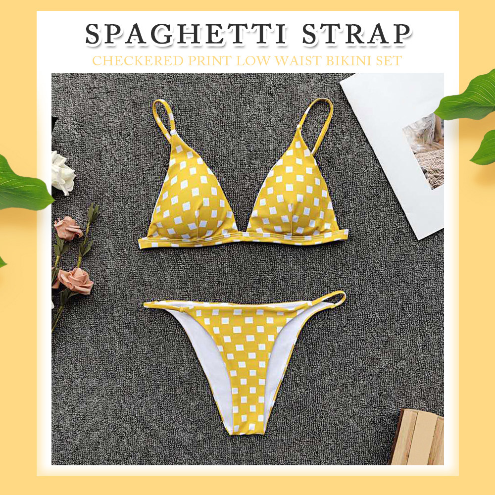 Spaghetti Strap Backless Padded Checkered Print Low Waist Women Bikini Set