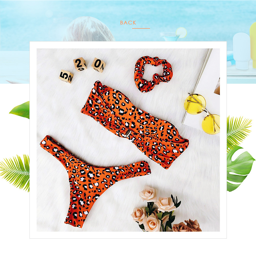 Strapless Backless Padded Leopard Print Low Waist Women Three-piece Bikini