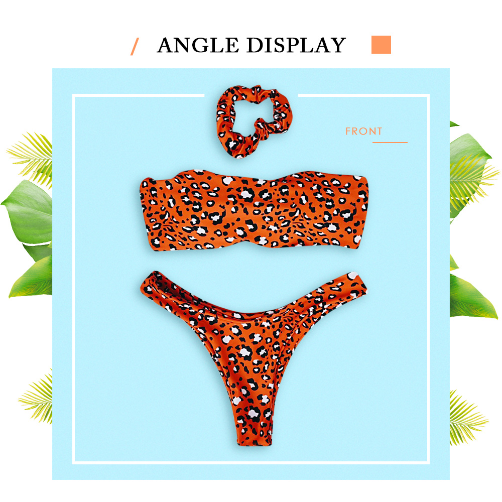 Strapless Backless Padded Leopard Print Low Waist Women Three-piece Bikini