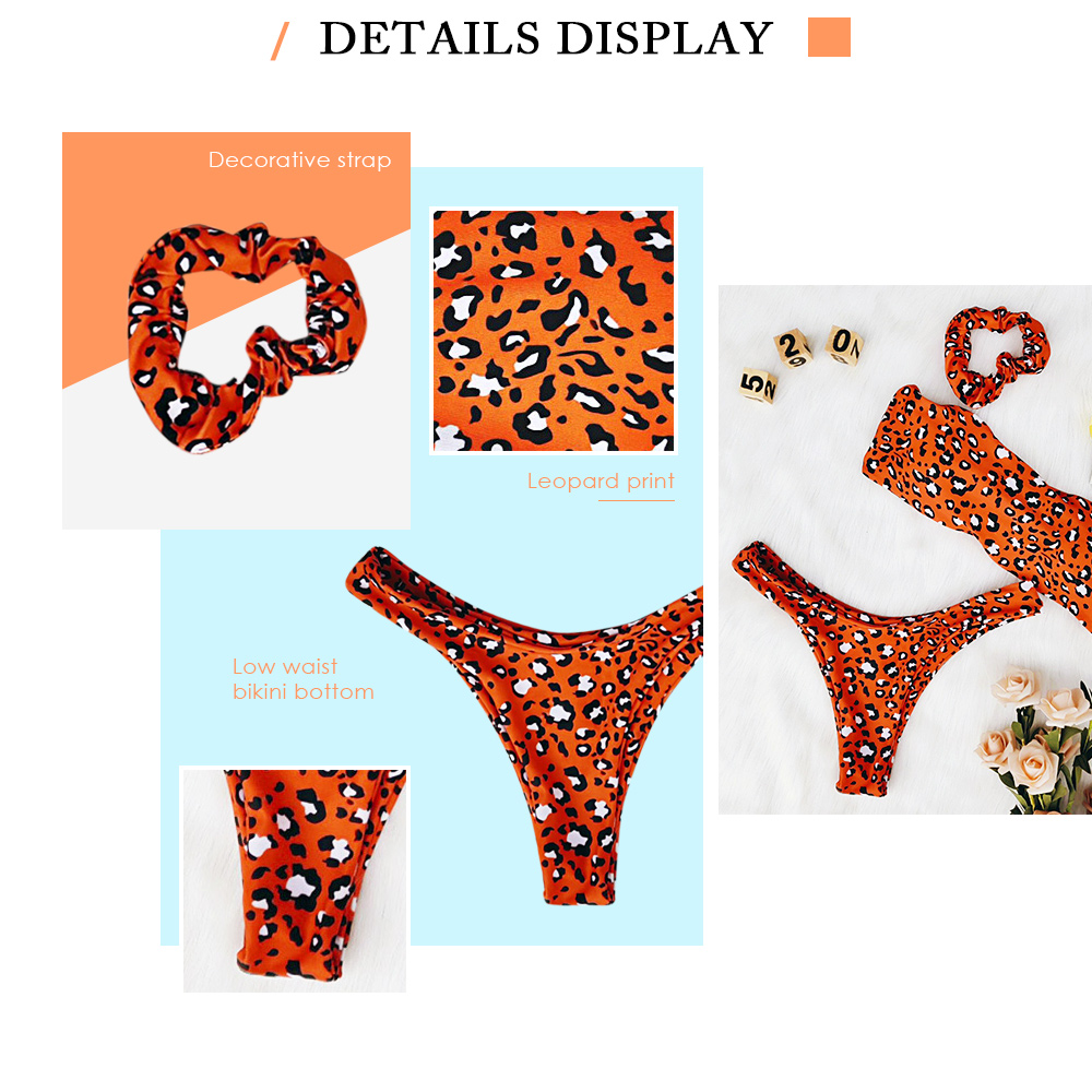 Strapless Backless Padded Leopard Print Low Waist Women Three-piece Bikini