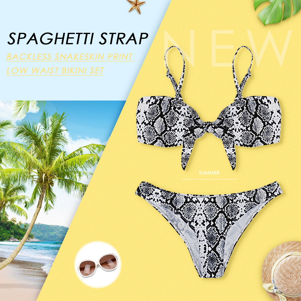 Spaghetti Strap Backless Padded Snakeskin Print Low Waist Women Bikini Set