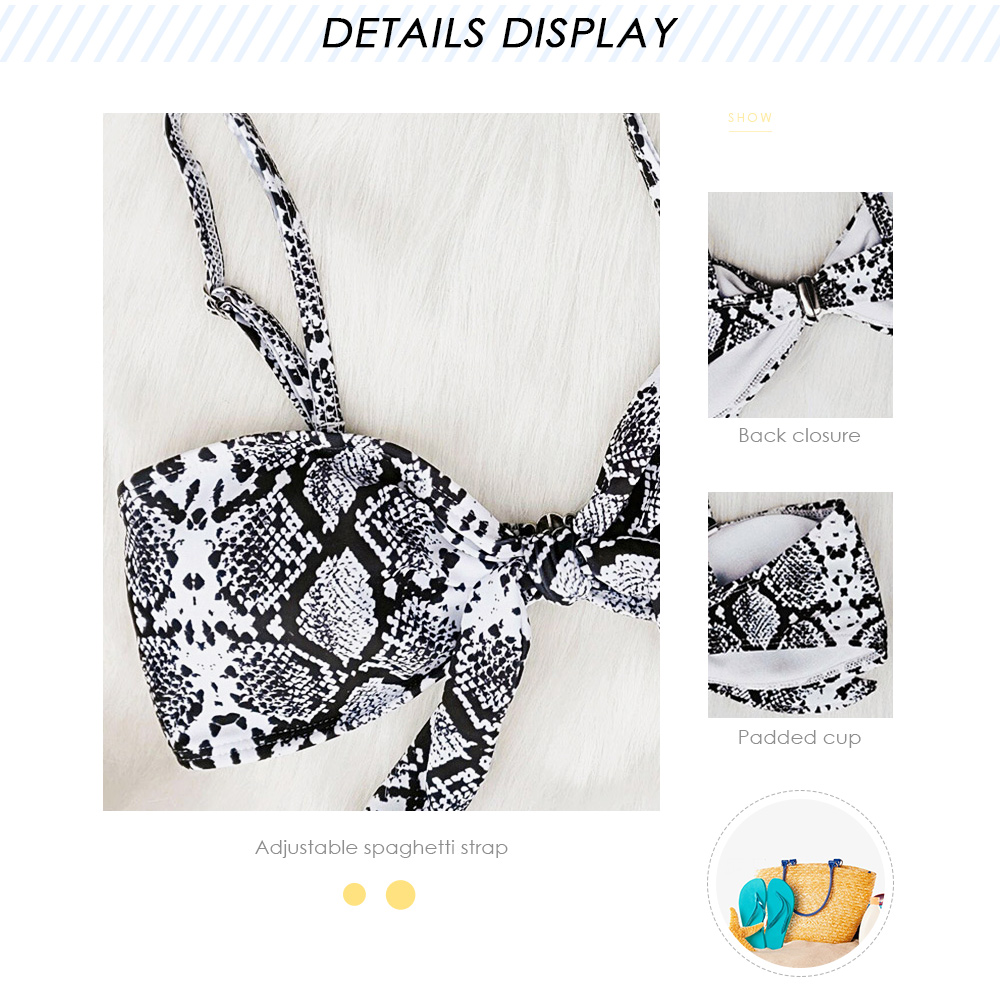 Spaghetti Strap Backless Padded Snakeskin Print Low Waist Women Bikini Set