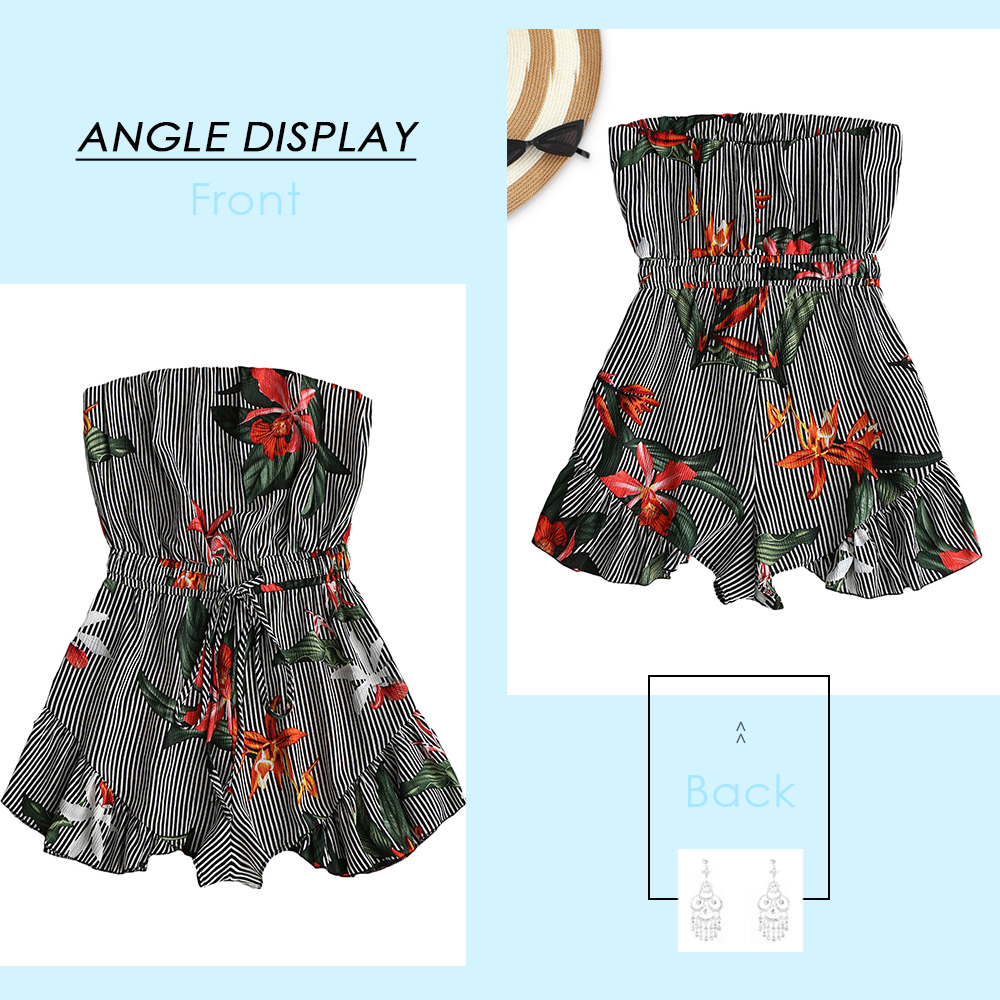 Strapless Backless Vertical Stripe Floral Print Belted Women Romper