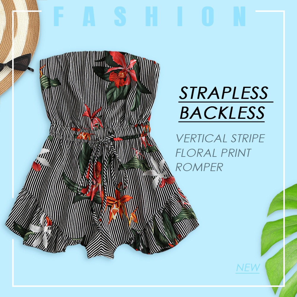 Strapless Backless Vertical Stripe Floral Print Belted Women Romper