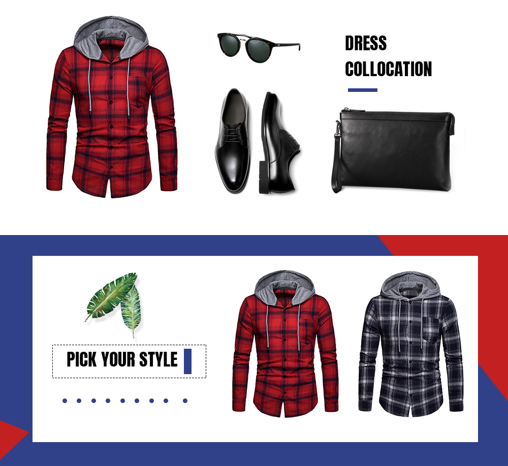 Plaid Print Hooded Drawstring Chest Pocket Casual Shirt