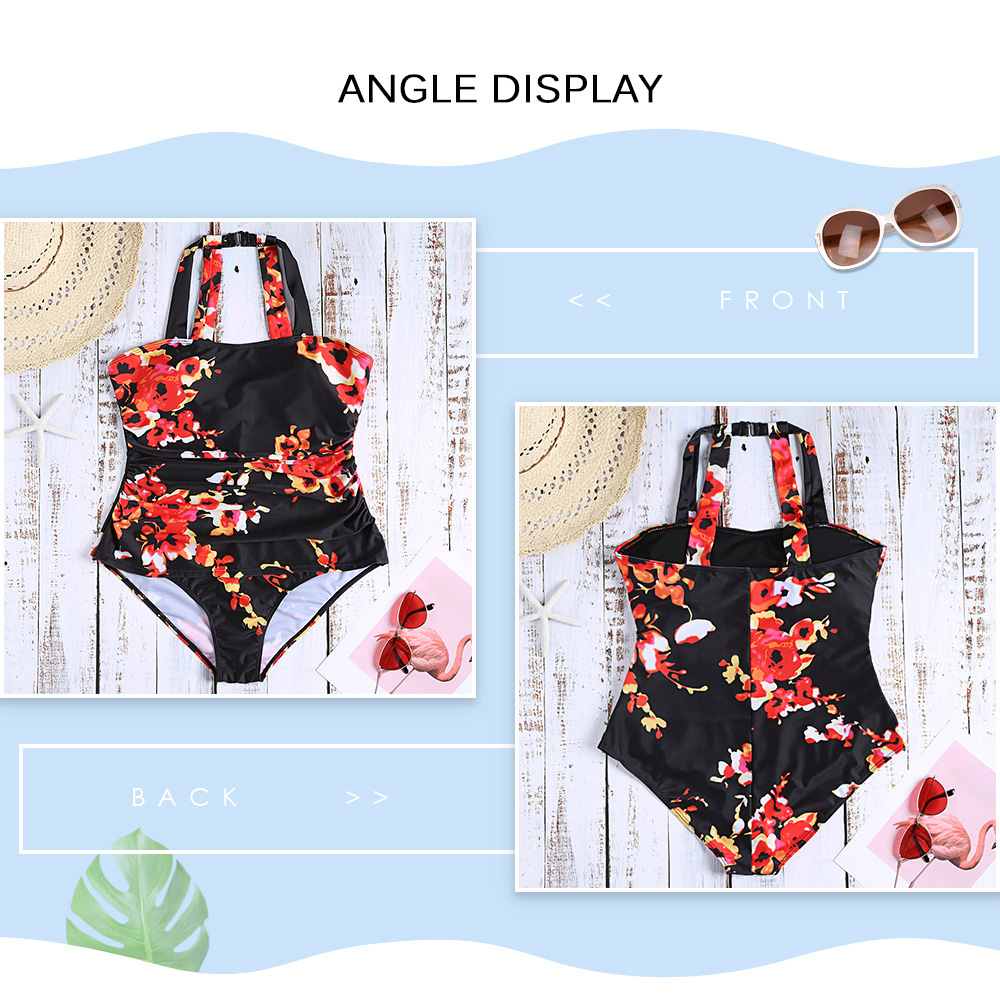 Halter Neck Backless Padded Floral Print Ruched Plus Size Women Swimsuit