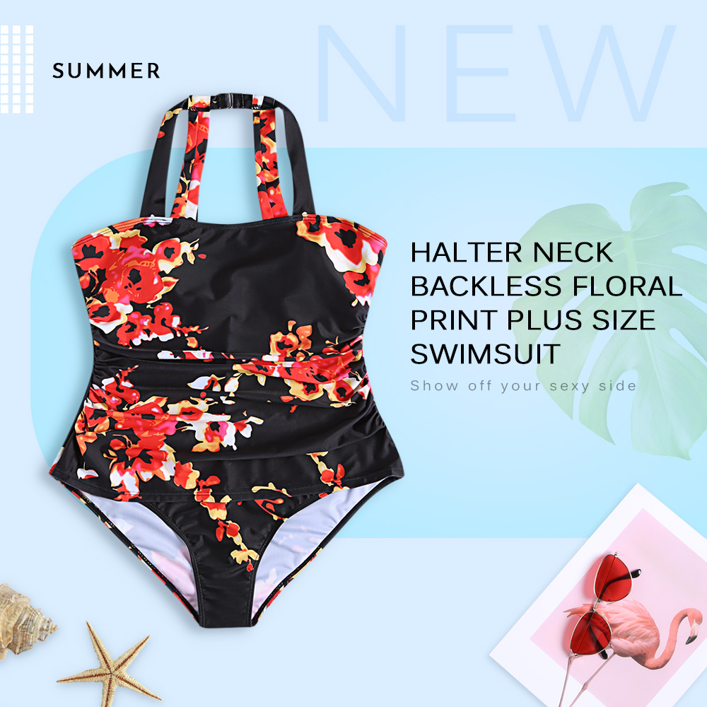 Halter Neck Backless Padded Floral Print Ruched Plus Size Women Swimsuit