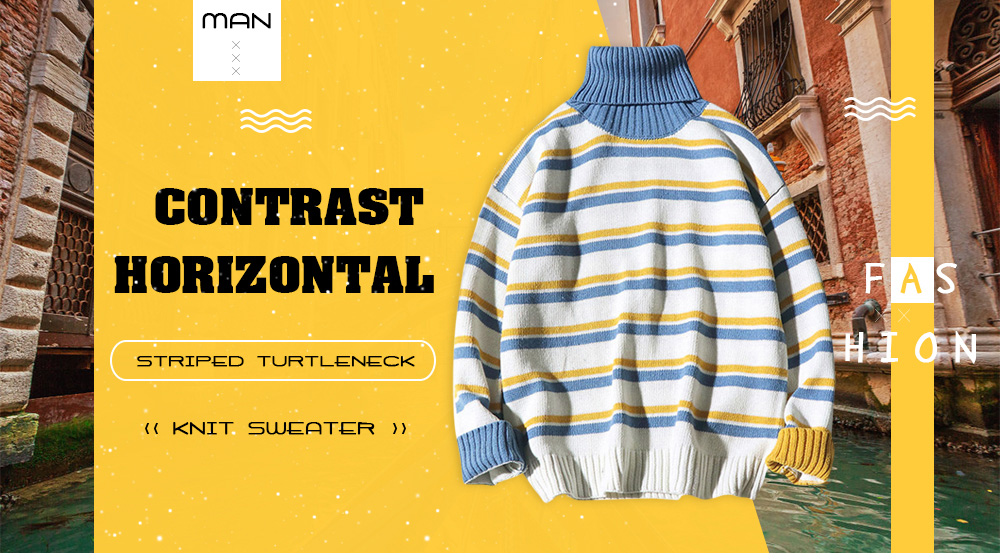 Contrast Horizontal Striped Turtleneck Pullover Knit Sweater