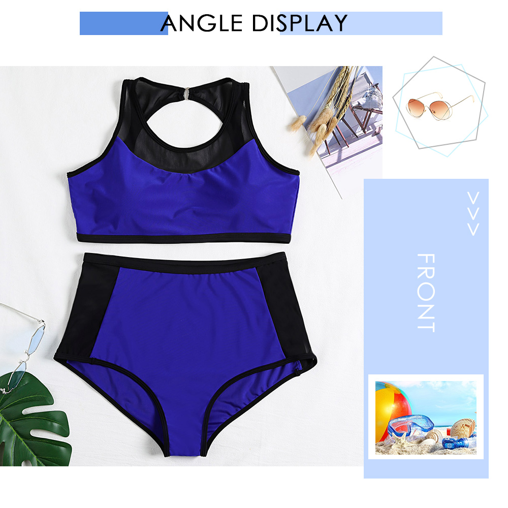 Round Collar Backless Spliced Mesh Padded Color Blocking High Waist Plus Size Women Bikini Set