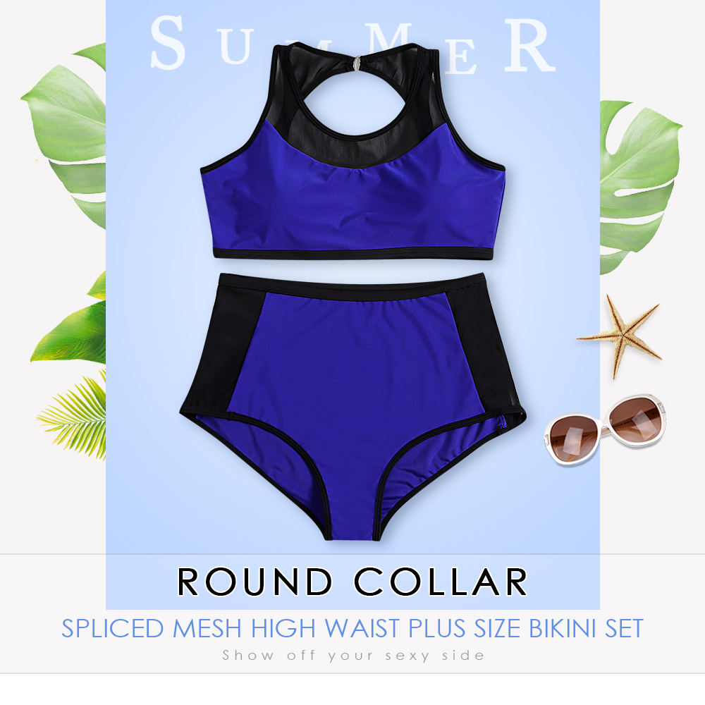 Round Collar Backless Spliced Mesh Padded Color Blocking High Waist Plus Size Women Bikini Set