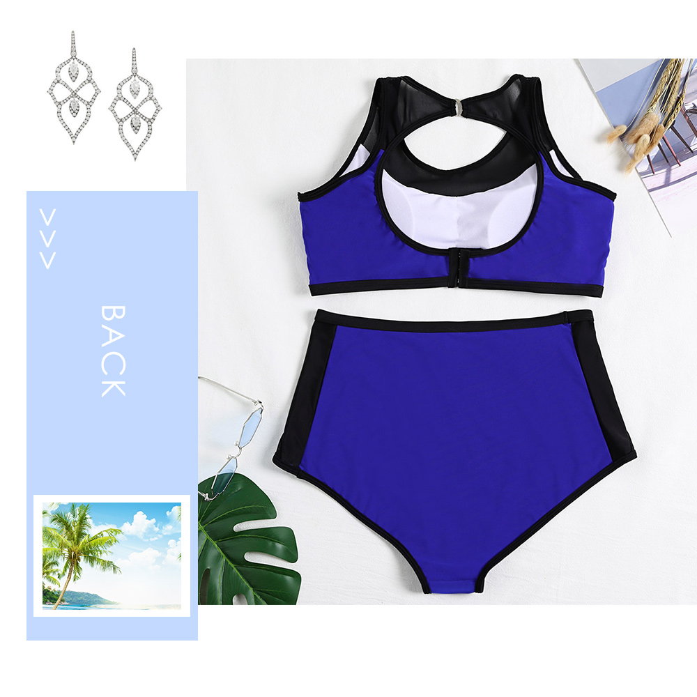 Round Collar Backless Spliced Mesh Padded Color Blocking High Waist Plus Size Women Bikini Set