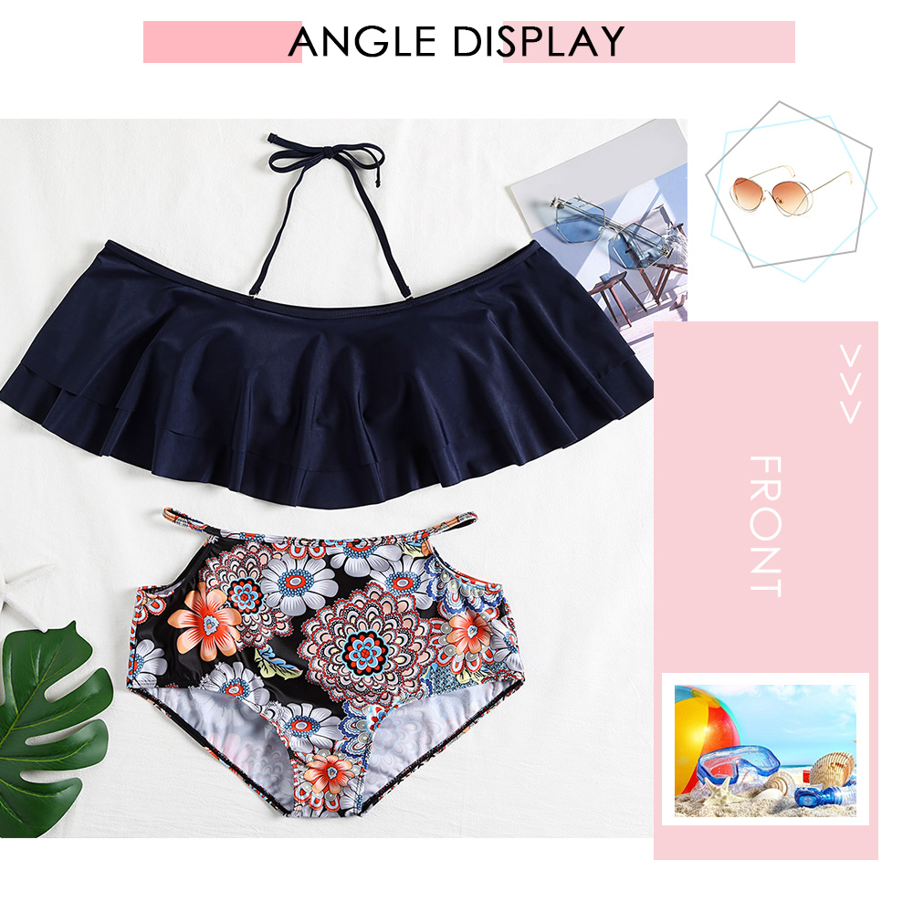 Halter Neck Off The Shoulder Padded Flounce Floral Print High Waist Plus Size Women Bikini Set