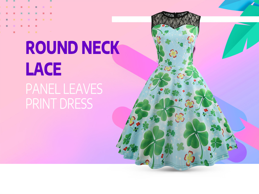 Lace Panel Leaves Print Flare Dress