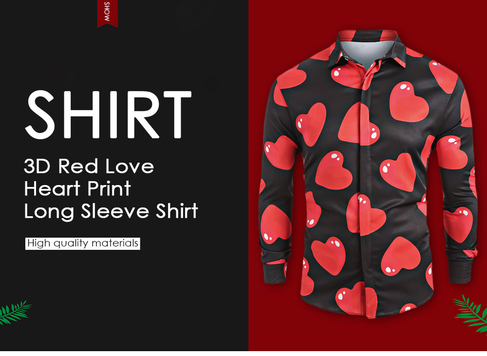 3D Red Love Heart Print Long Sleeve Shirt