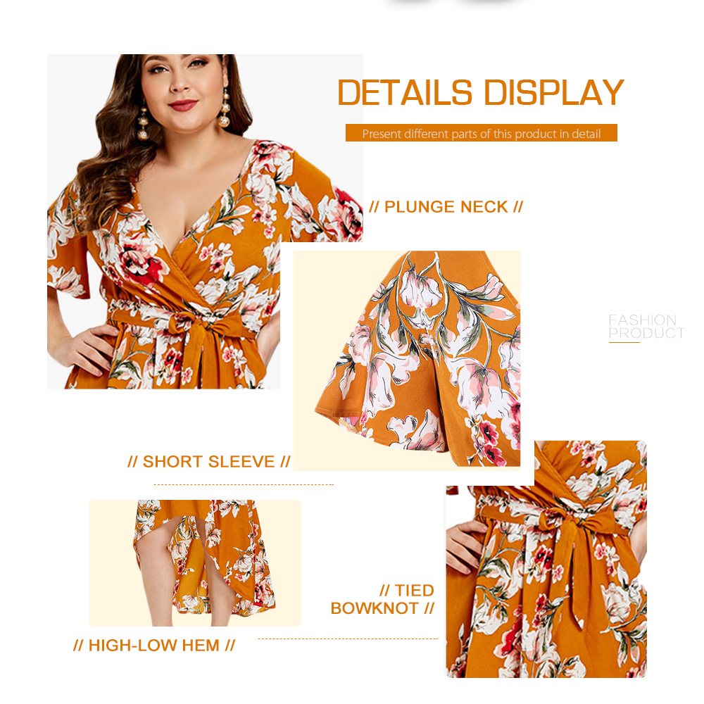 Plus Size Floral Print High Low Dress with Belt