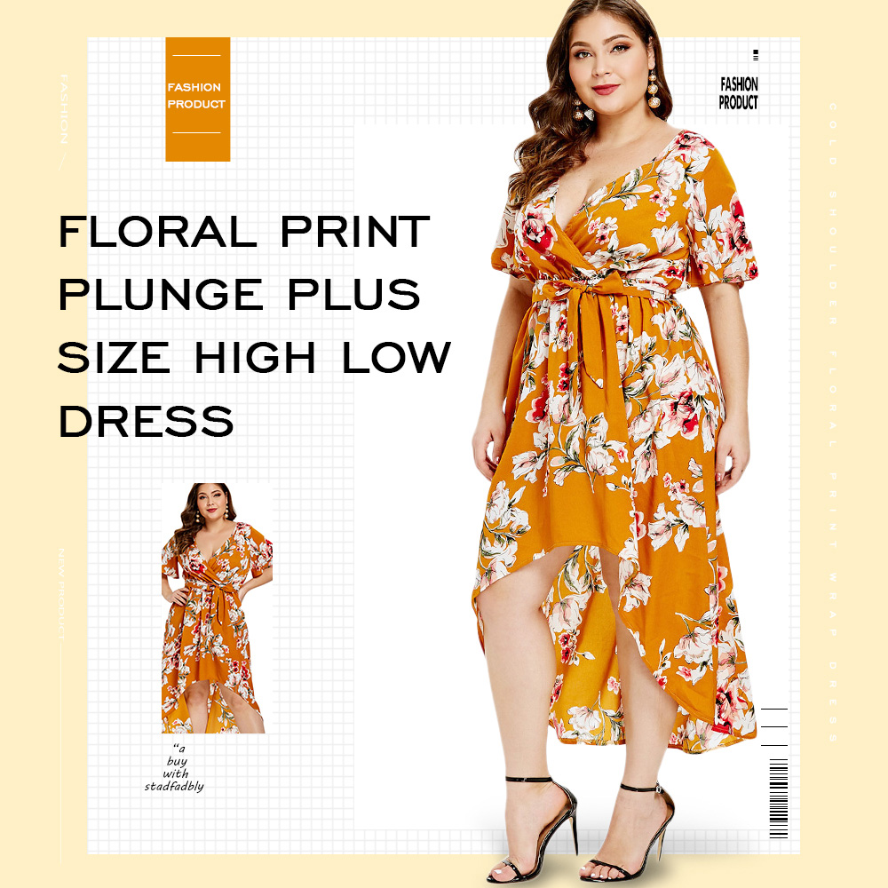 Plus Size Floral Print High Low Dress with Belt