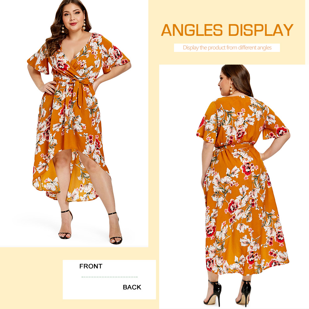 Plus Size Floral Print High Low Dress with Belt