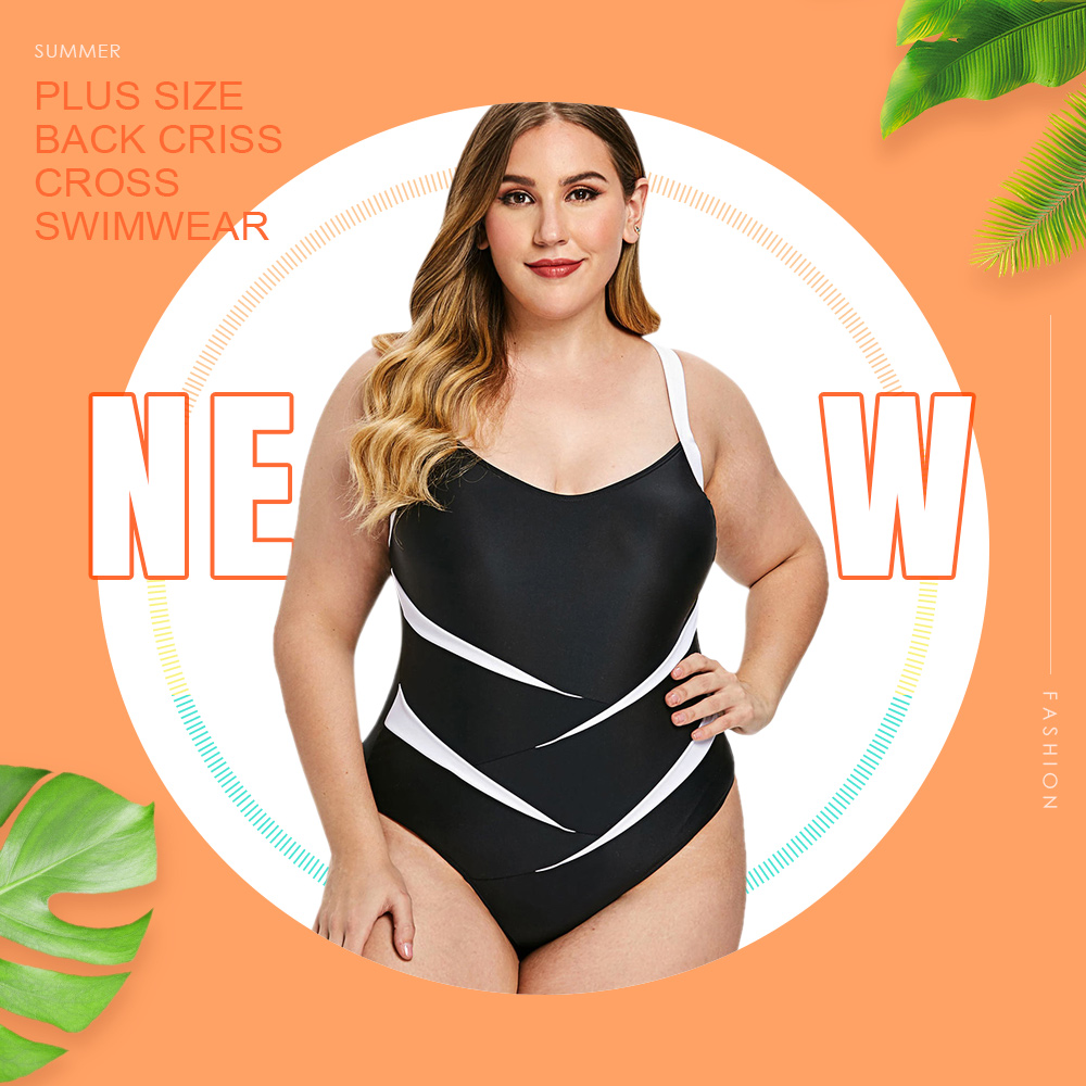 Plus Size Color Block Back Criss Cross Swimwear