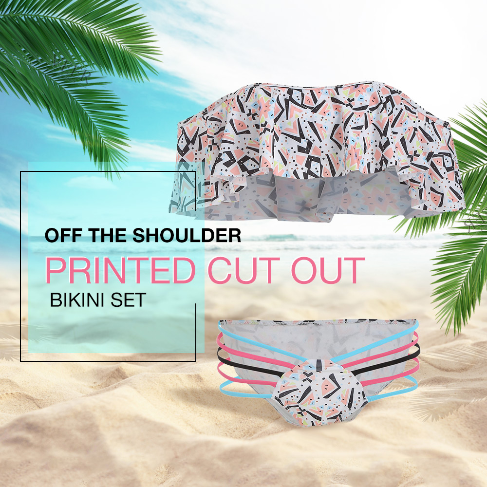 Off Shoulder Printed Cut Out Bikini Set