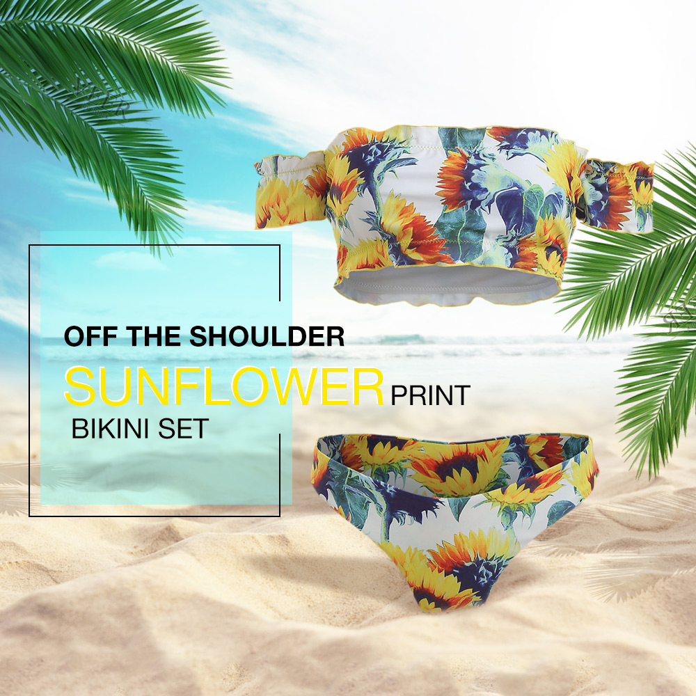 Off The Shoulder Sunflower Print Bikini Set