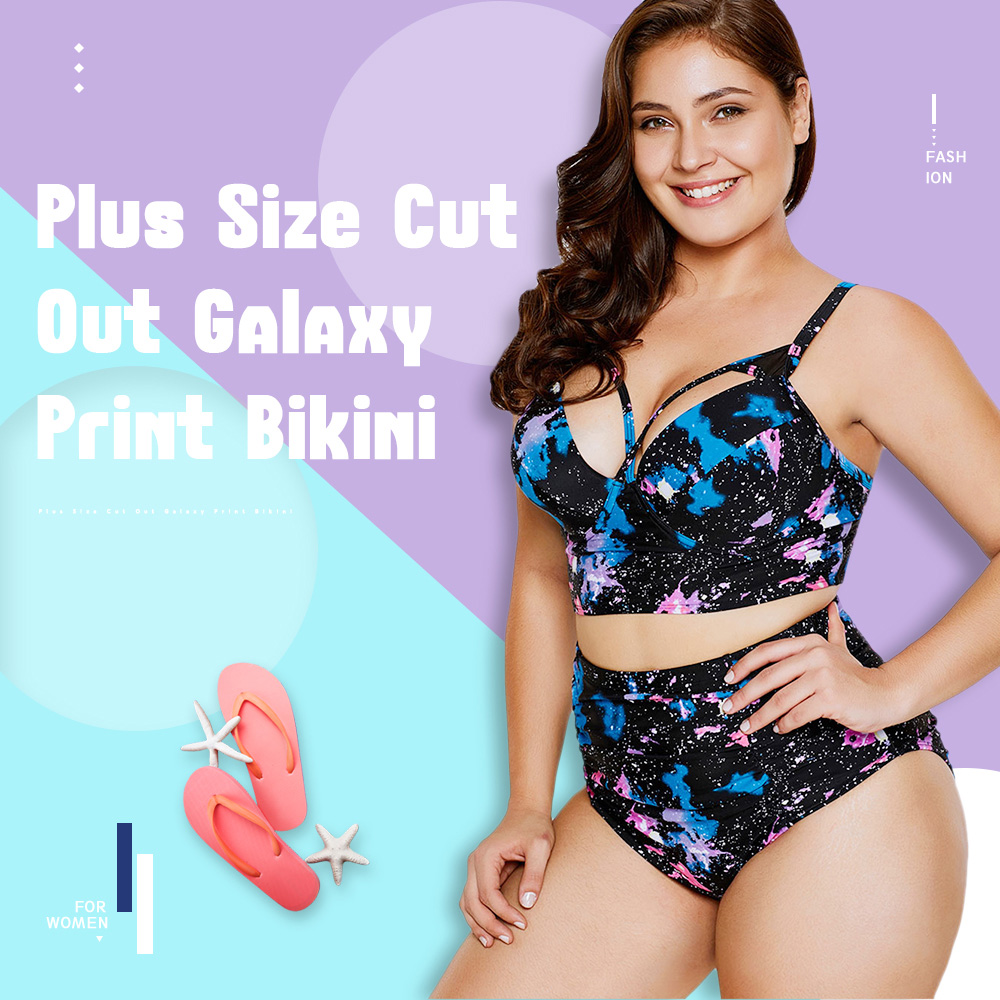 Plus Size Cut Out Galaxy Print Bikini