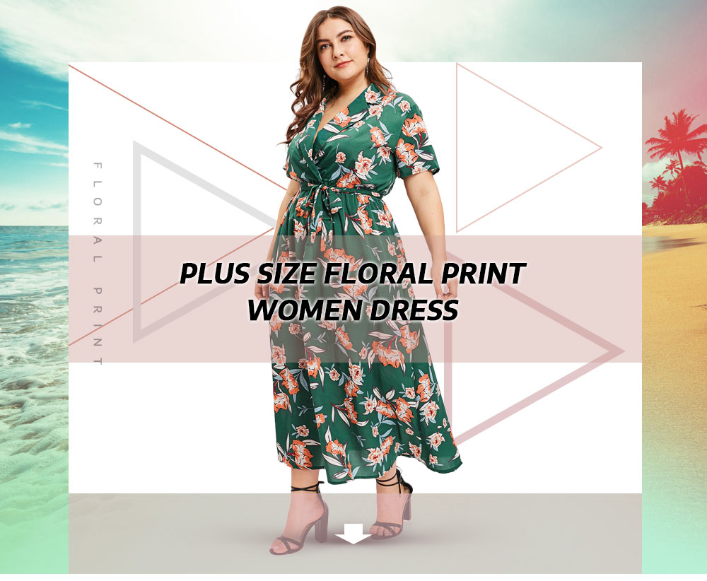Plus Size Lapel Neck Floral Print A Line Dress