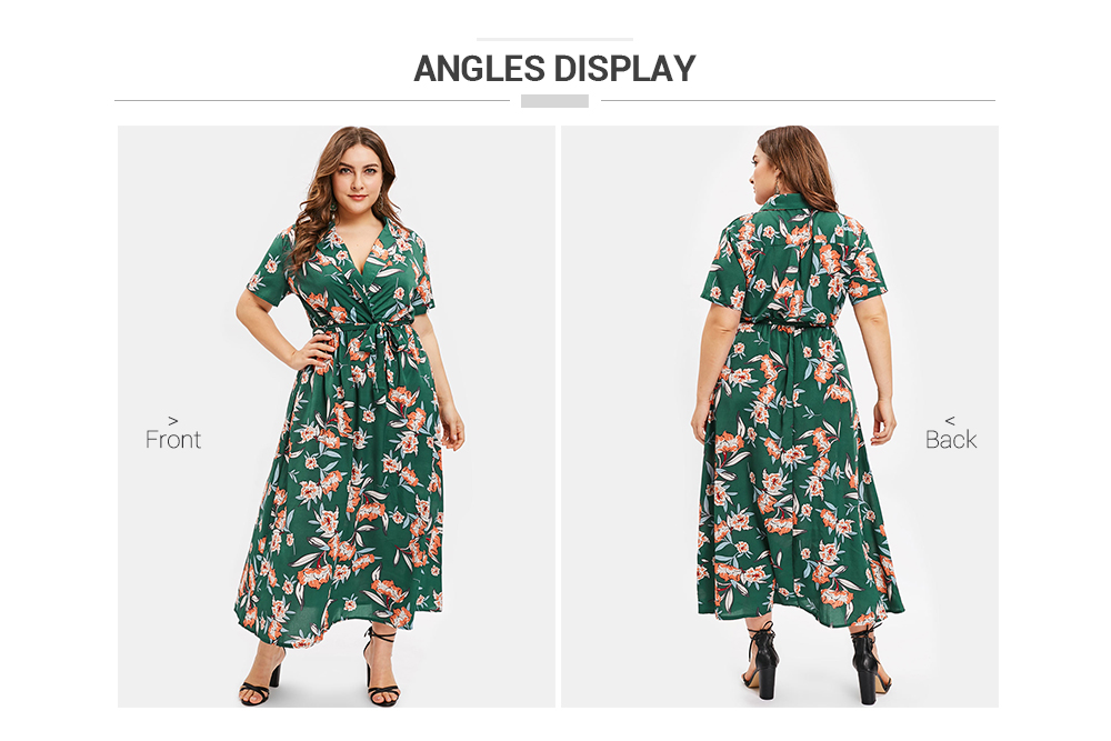Plus Size Lapel Neck Floral Print A Line Dress