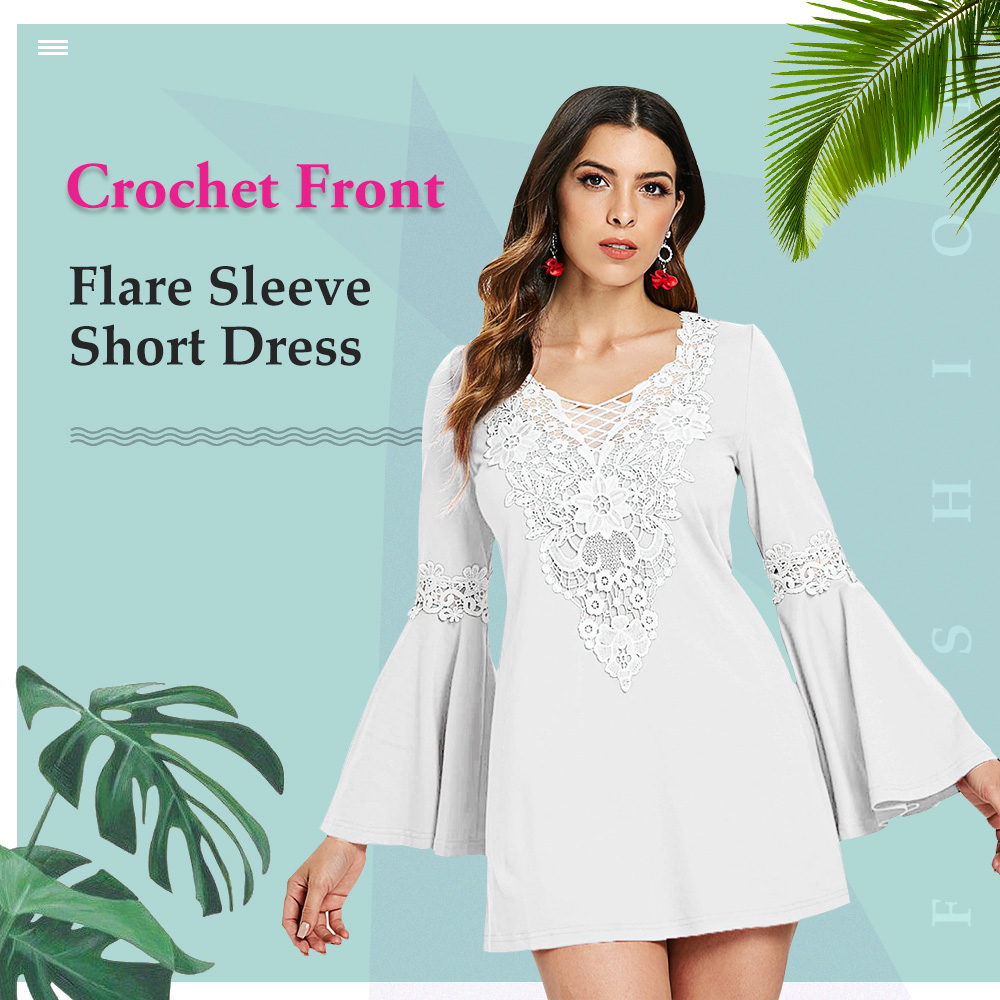 Crochet Front Flare Sleeve Short Dress