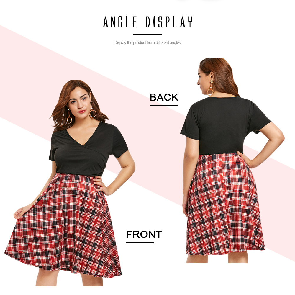 Plus Size Tartan Print Surplice Neck Fit and Flare Dress