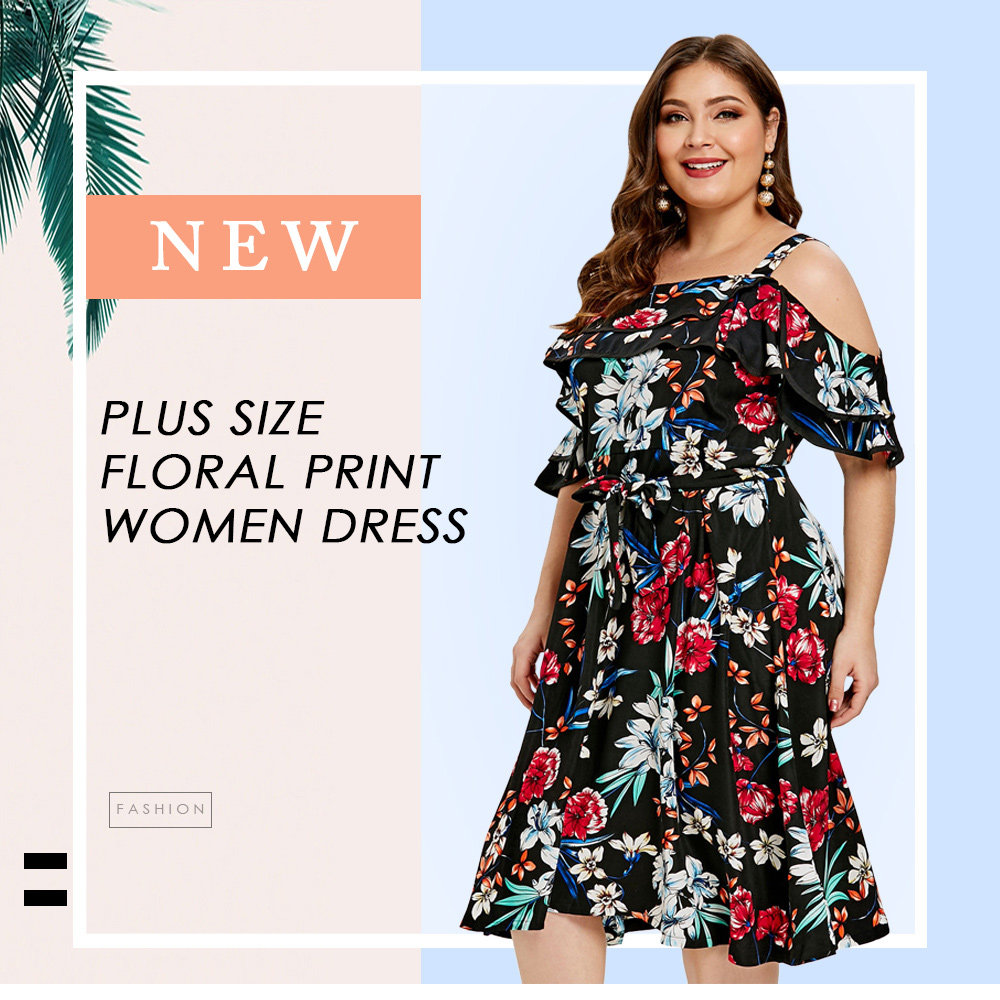 Cold Shoulder Plus Size Floral Print A Line Dress