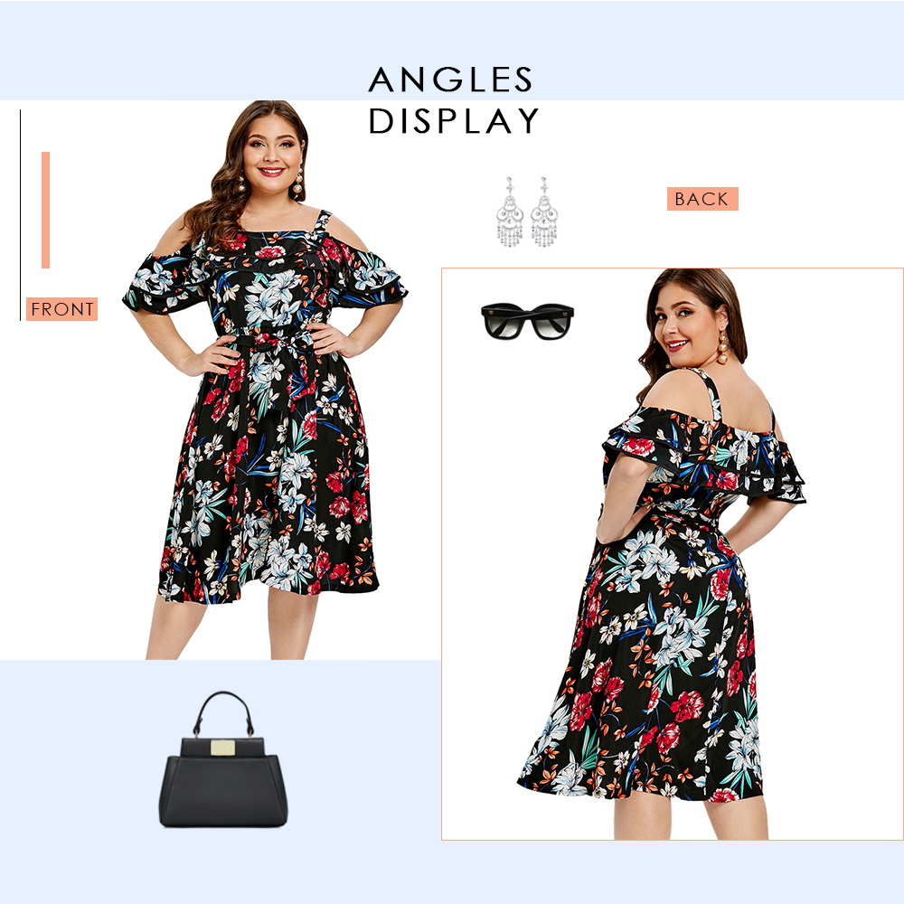 Cold Shoulder Plus Size Floral Print A Line Dress