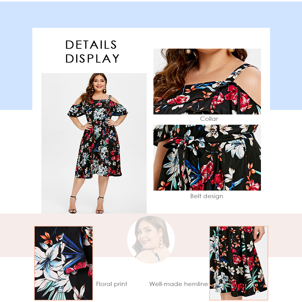 Cold Shoulder Plus Size Floral Print A Line Dress