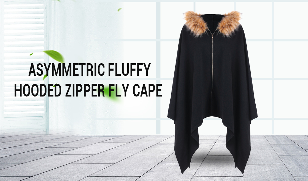 Fluffy Asymmetric Hooded Cape with Zipper Fly