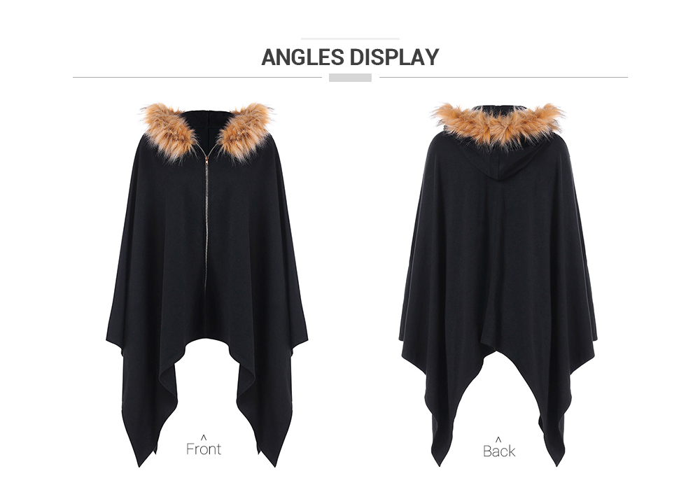 Fluffy Asymmetric Hooded Cape with Zipper Fly