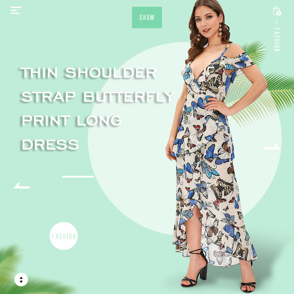 Butterfly Print Cold Shoulder Ruffle Dress