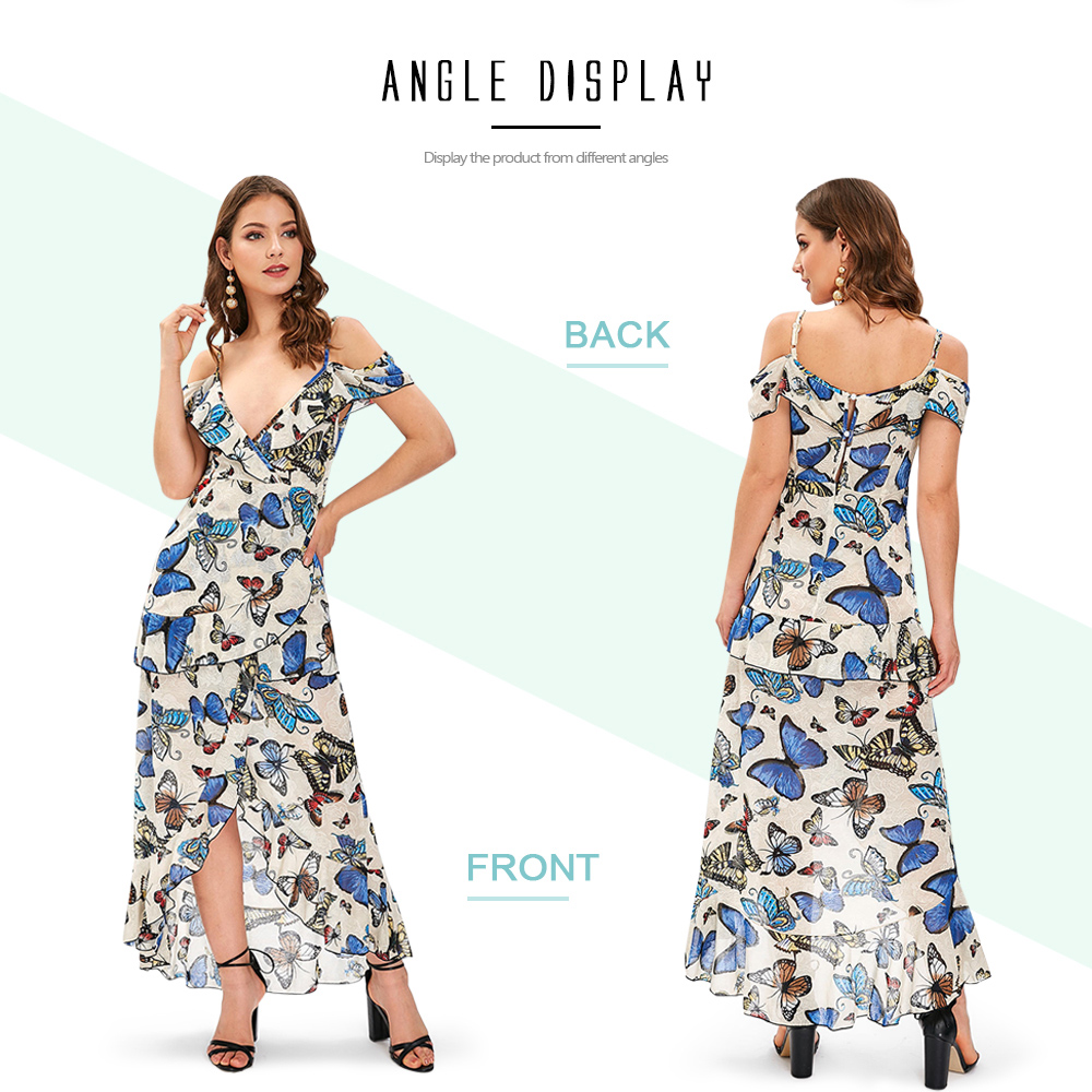 Butterfly Print Cold Shoulder Ruffle Dress