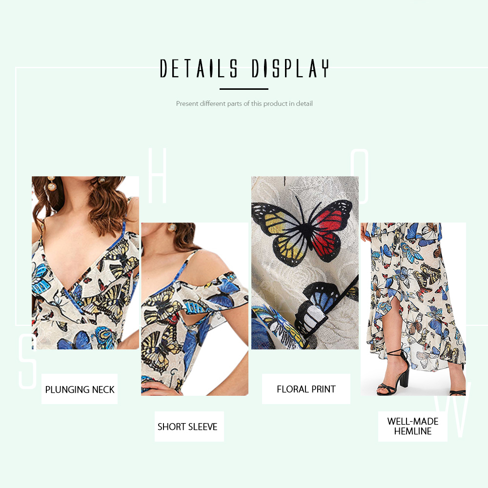 Butterfly Print Cold Shoulder Ruffle Dress