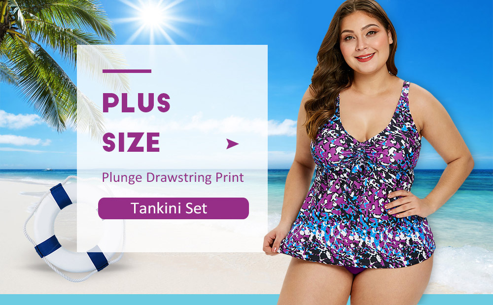 Plus Size Plunge Drawstring Print Tankini Set