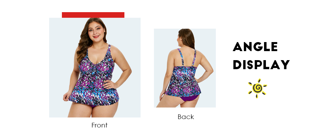 Plus Size Plunge Drawstring Print Tankini Set